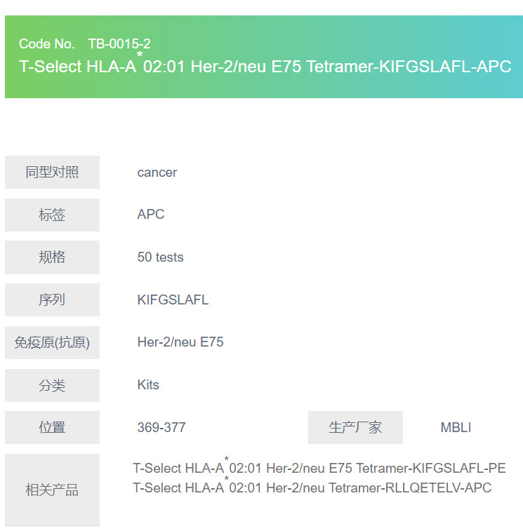 T-Select HLA-A*02:01 Her-2/neu E75 Tetramer-KIFGSLAFL-APC